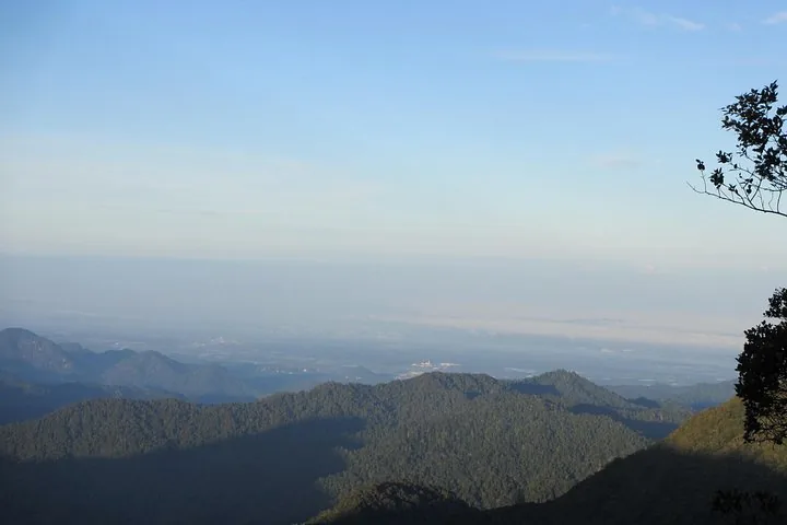 Panoramic view of forested mountains and distant hazy plains
